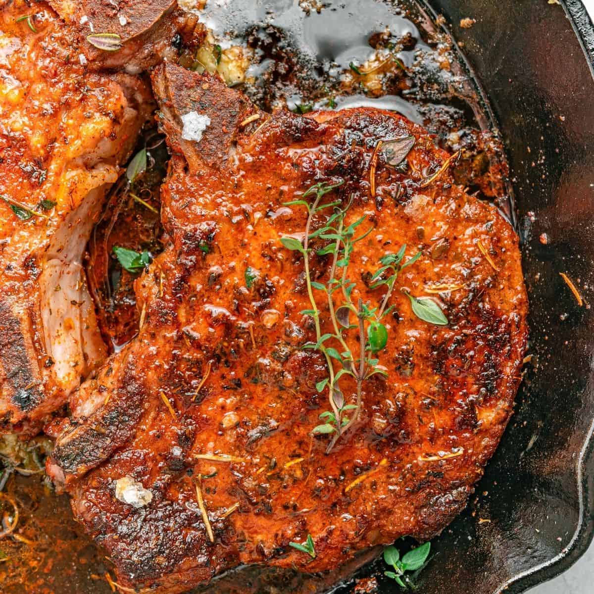 Bone-in pork chops oven roasted until tender and golden brown