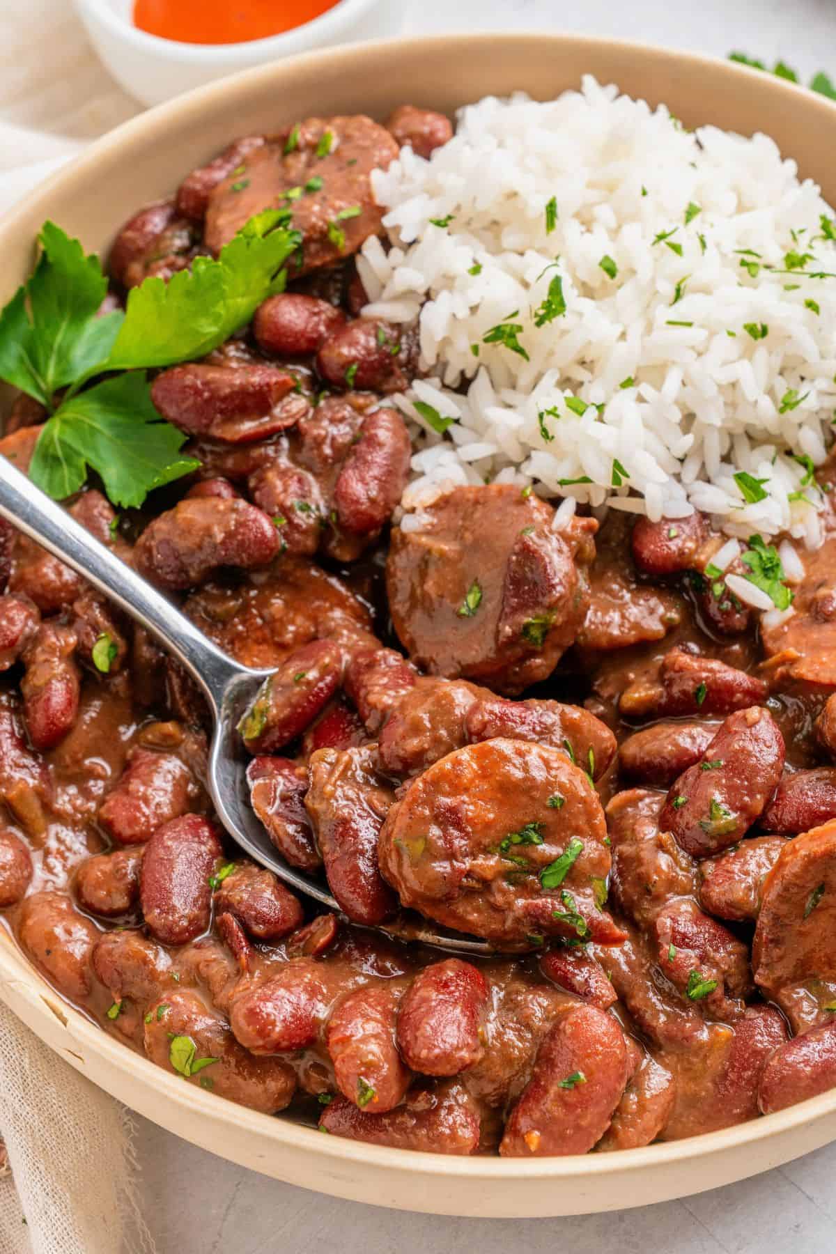 New Orleans red beans and rice recipe with thick, creamy beans and sausage