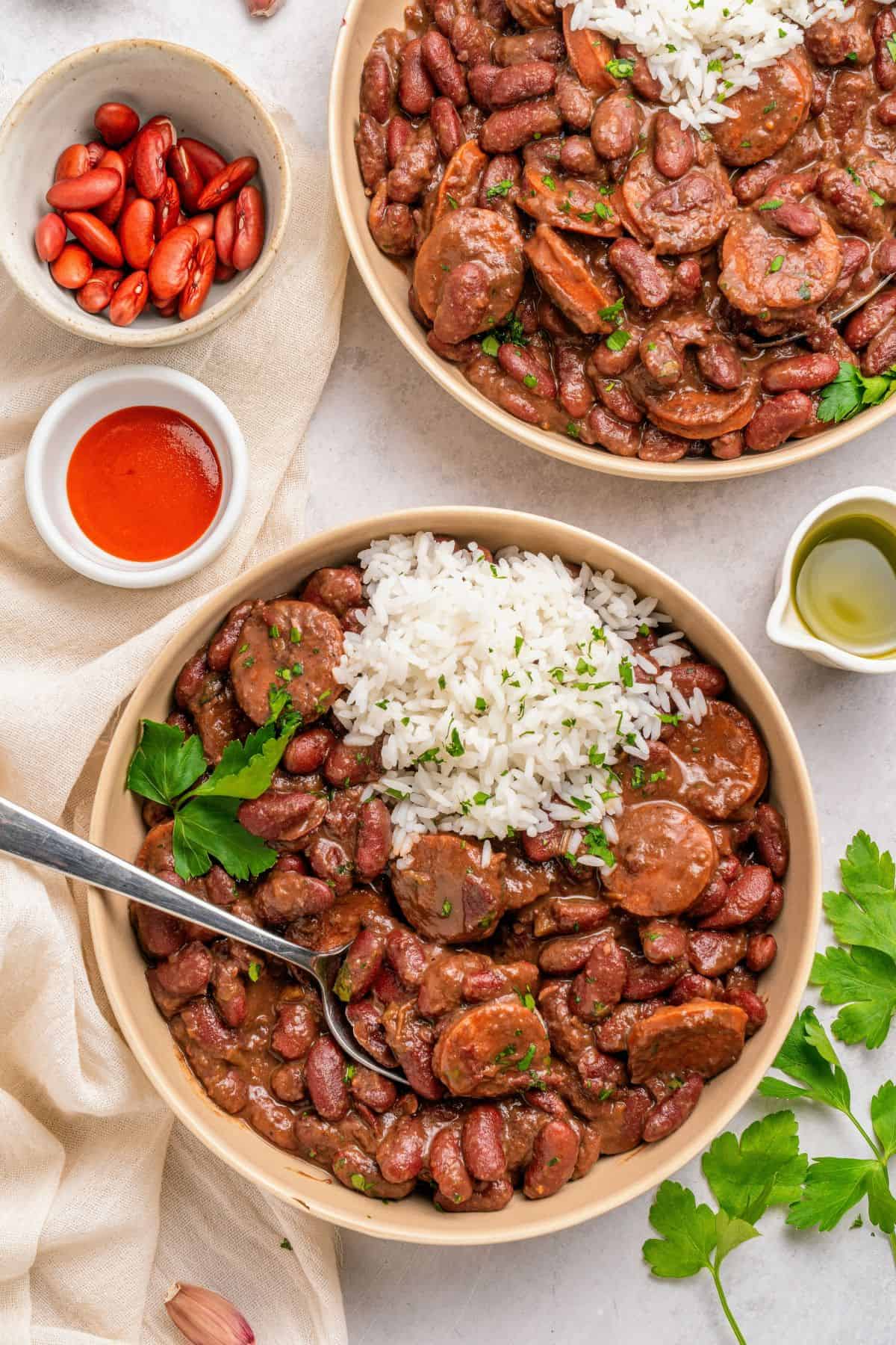Easy red beans and rice recipe with soft red beans and savory seasonings
