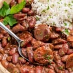 Cajun red beans and rice recipe with creamy mashed beans and sausage