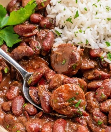 Cajun red beans and rice recipe with creamy mashed beans and sausage