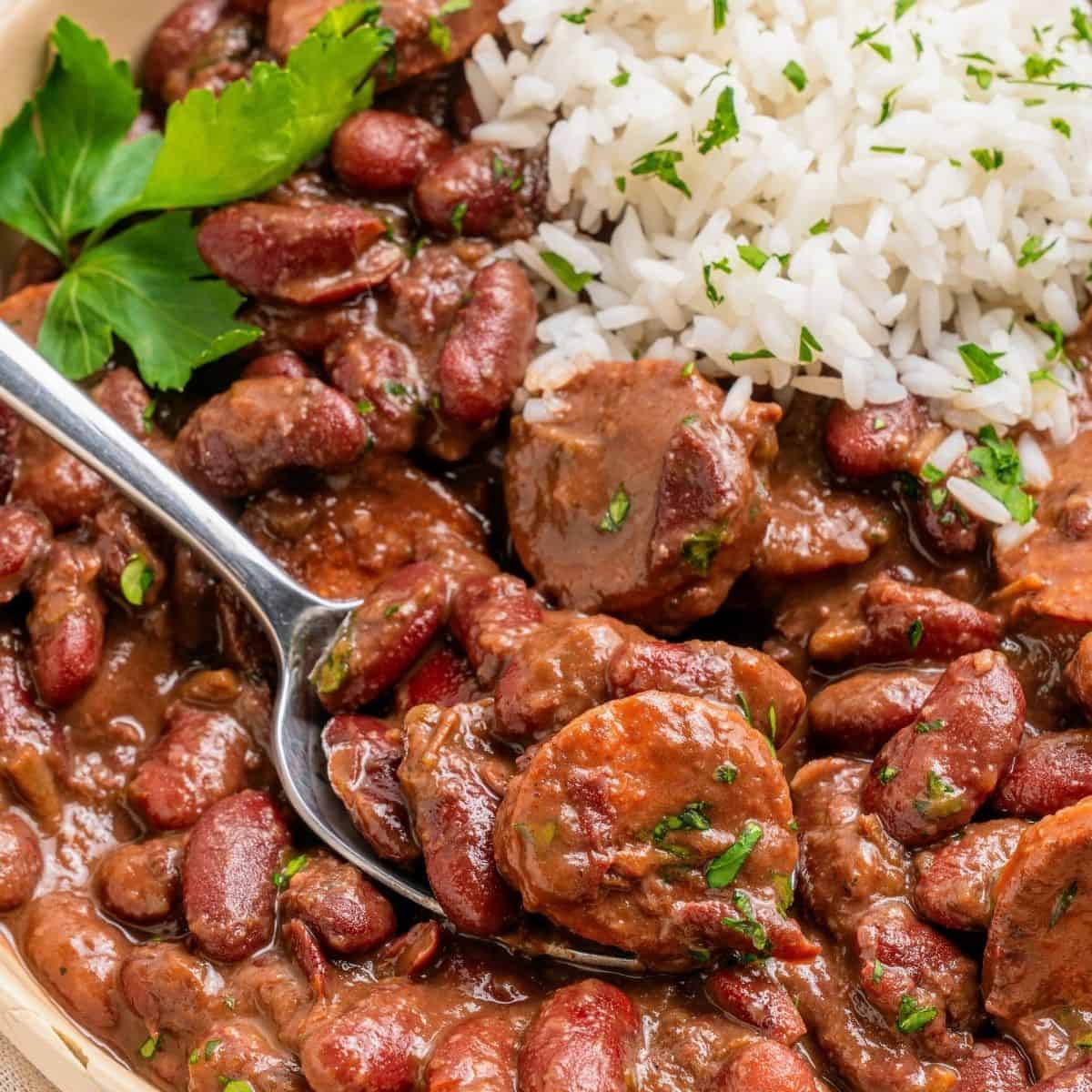 Cajun red beans and rice recipe with creamy mashed beans and sausage