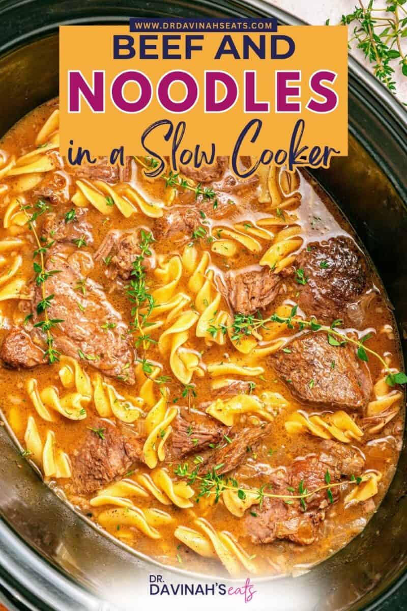 Beef and noodles slow cooker meal with juicy chuck roast and savory sauce