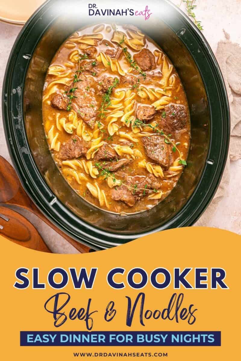 Beef and noodles in a slow cooker with thickened broth and tender noodles