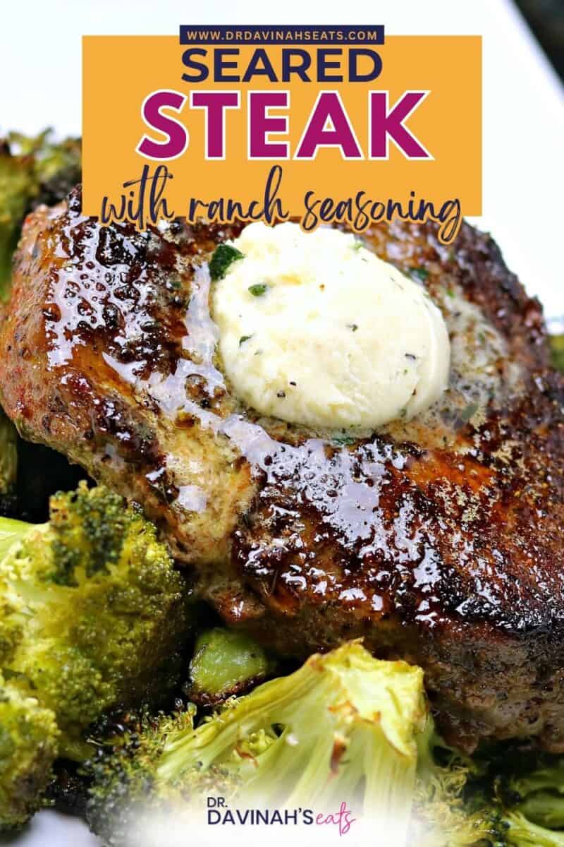 seared steak with ranch seasoning on a plate with roasted broccoli