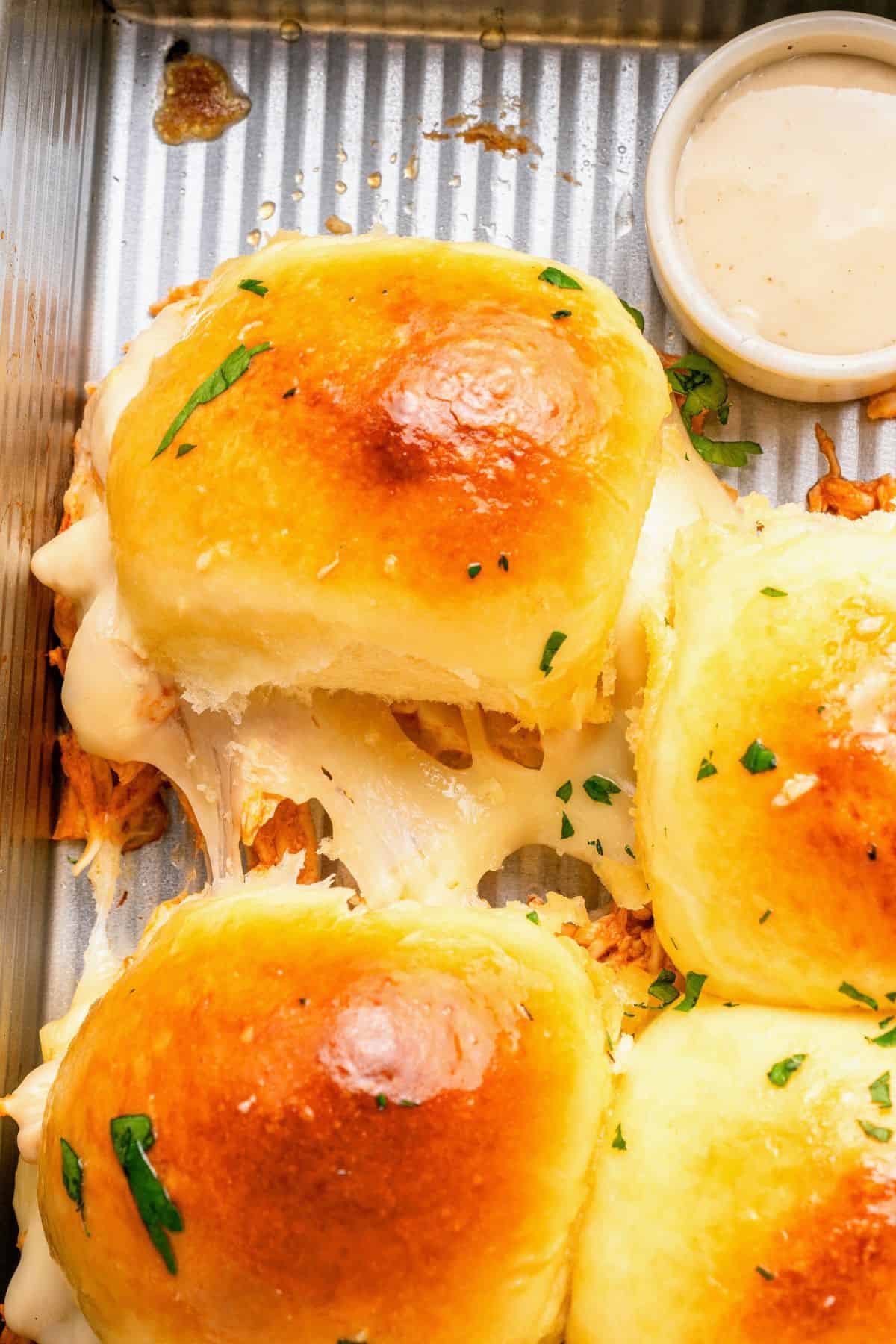 Hawaiian roll buffalo chicken sliders baked with a golden garlic butter topping