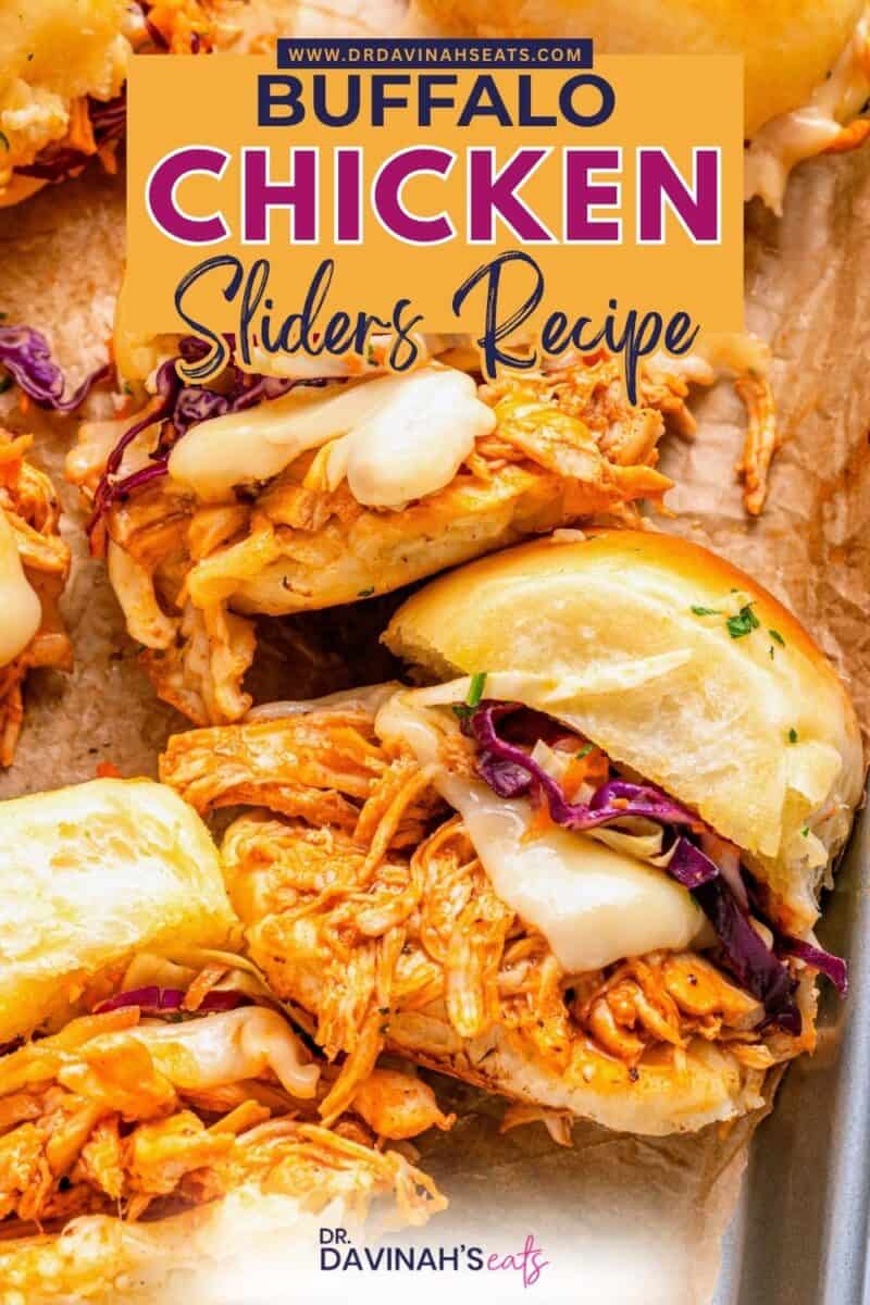 Buffalo chicken sliders recipe topped with seasoned garlic butter and melted cheese