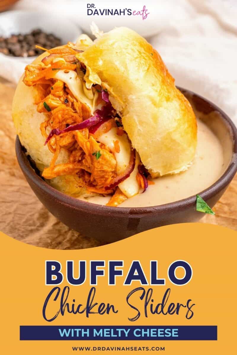 Hawaiian roll buffalo chicken slider filled with saucy shredded chicken