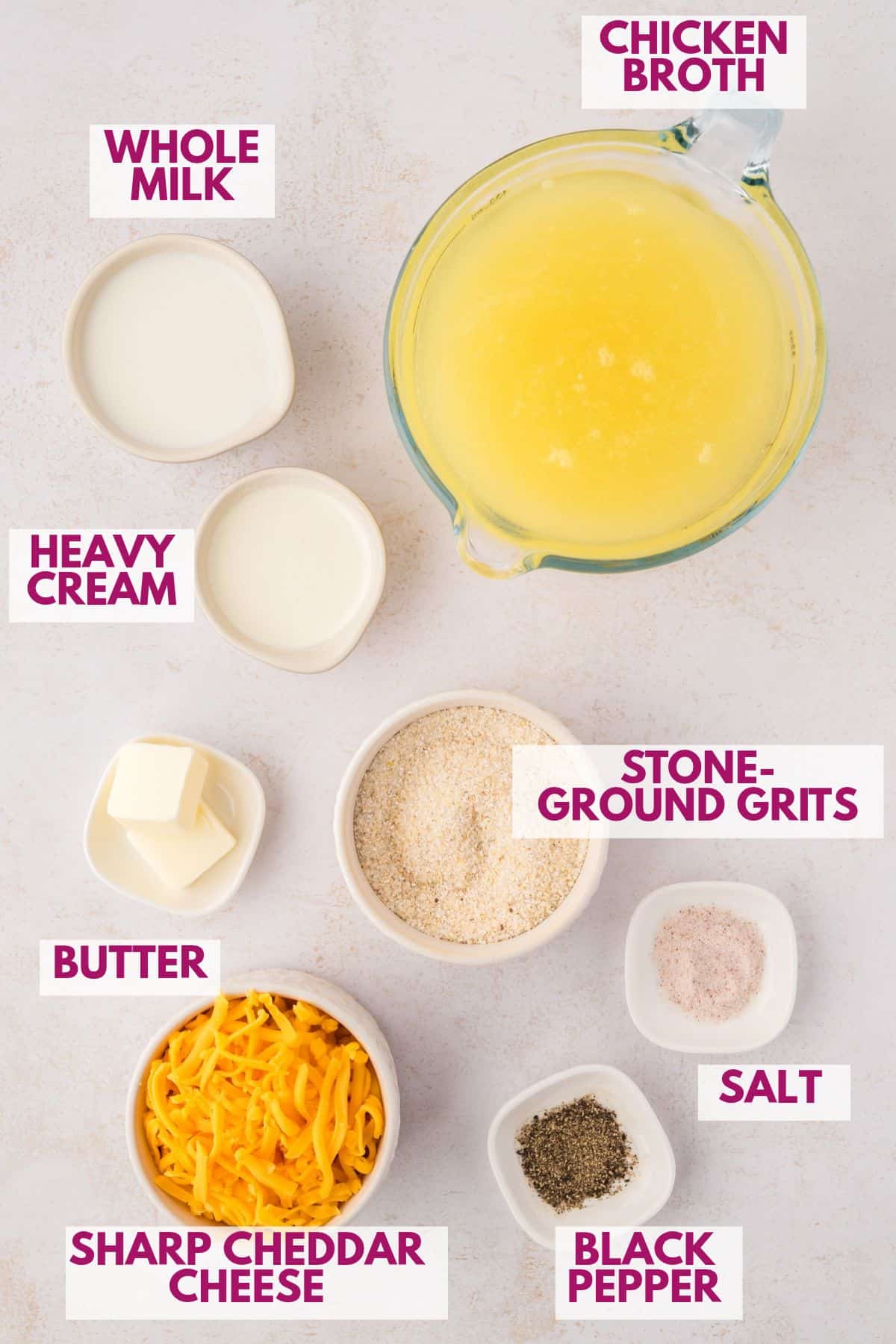 ingredients to make cheesy grits recipe featuring stone-ground grits