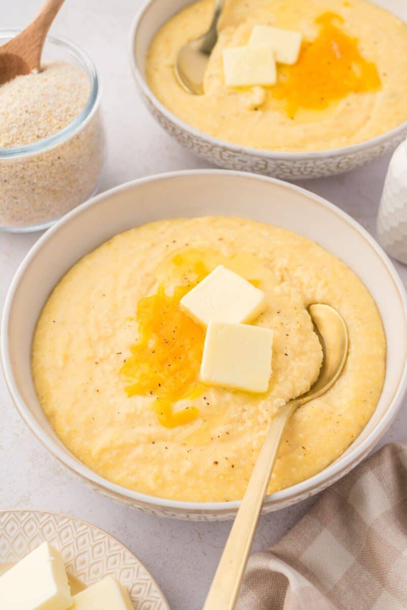 Cheese grits made from stone-ground corn grits simmered in chicken broth and milk until tender