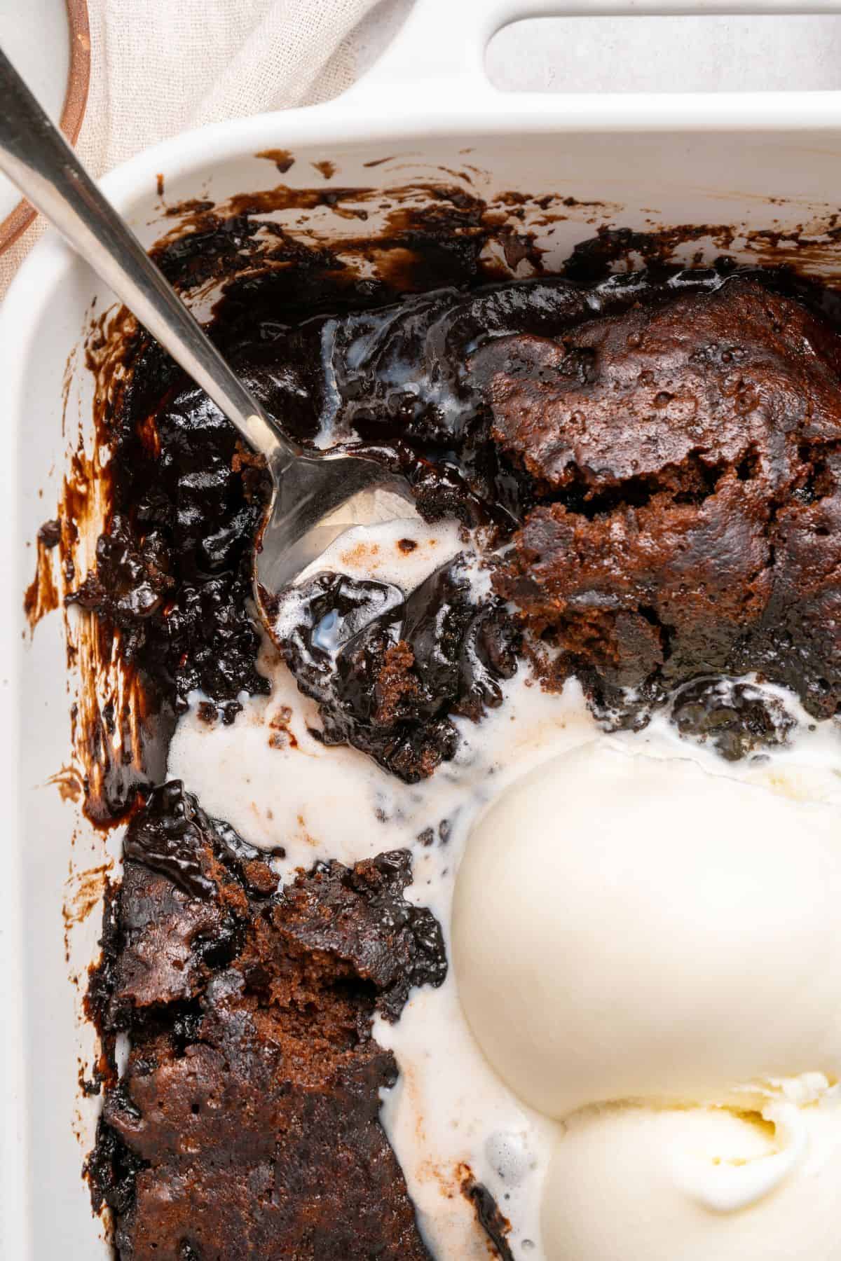 Hot fudge pudding cake recipe with hot cocoa and coffee forming a fudgy sauce