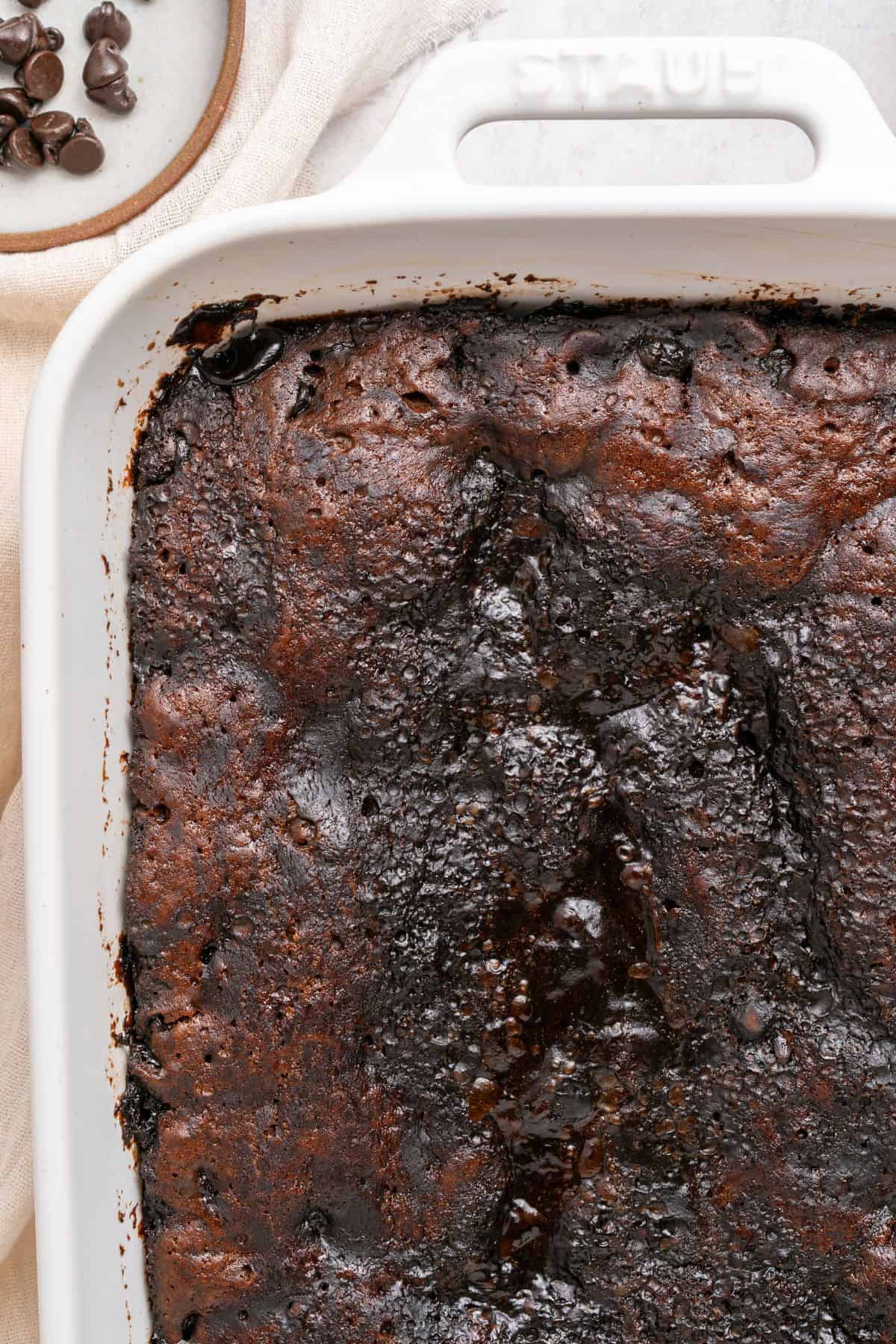 Pudding cake baked with a soft chocolate cake layer