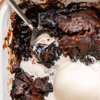 Chocolate pudding cake recipe with hot cocoa coffee sauce underneath