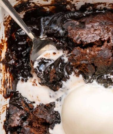 Chocolate pudding cake recipe with hot cocoa coffee sauce underneath