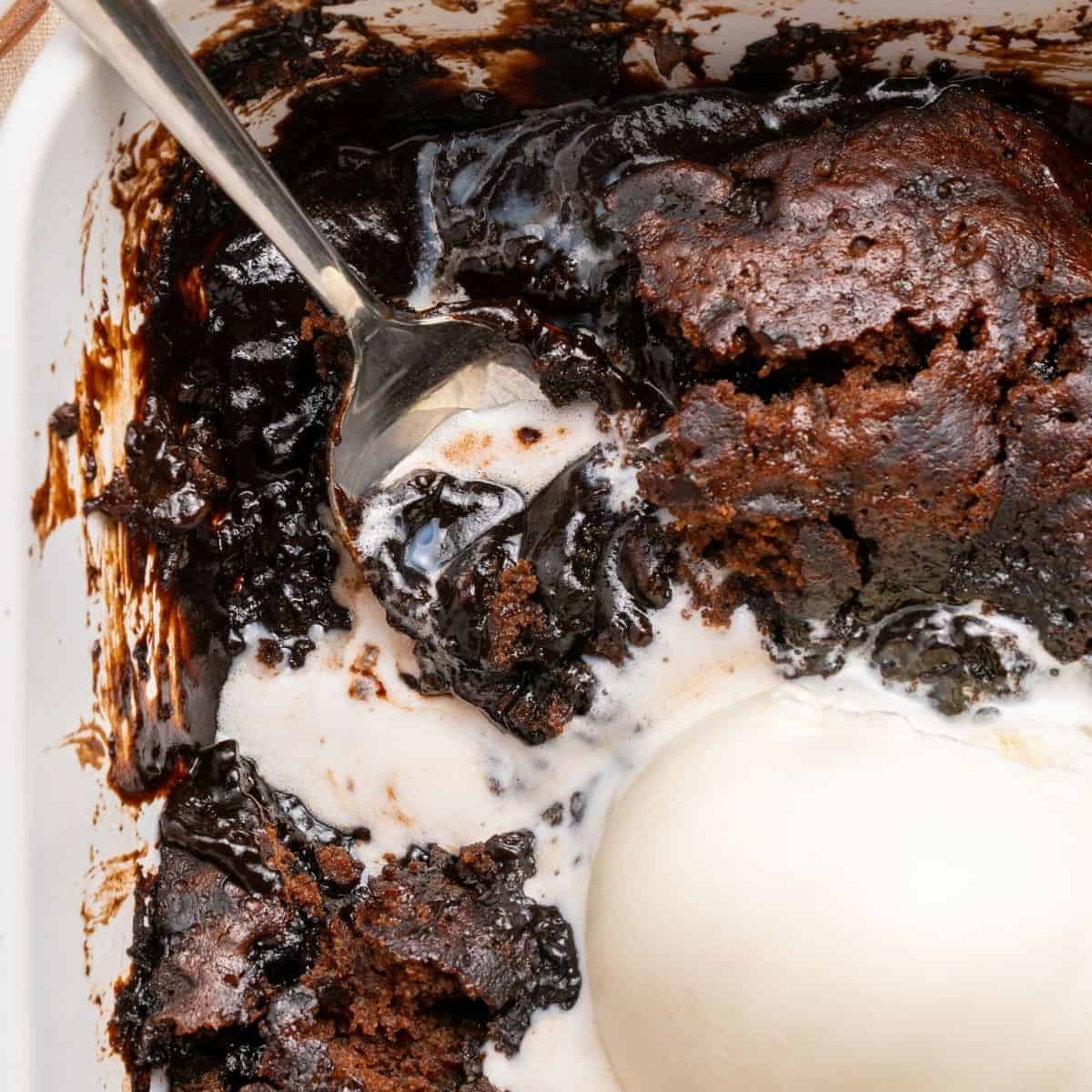 Chocolate pudding cake recipe with hot cocoa coffee sauce underneath