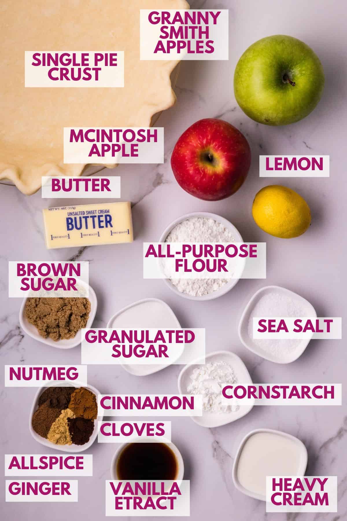 ingredients needed to make Dutch Apple pie in separate bowls and containers