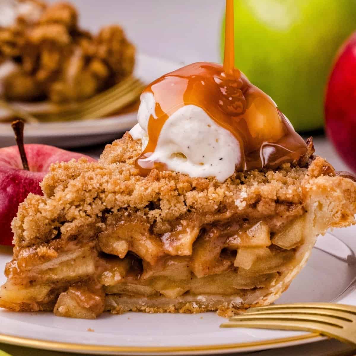 Dutch apple pie crumble served with a thick layer of brown sugar streusel over sweet apples