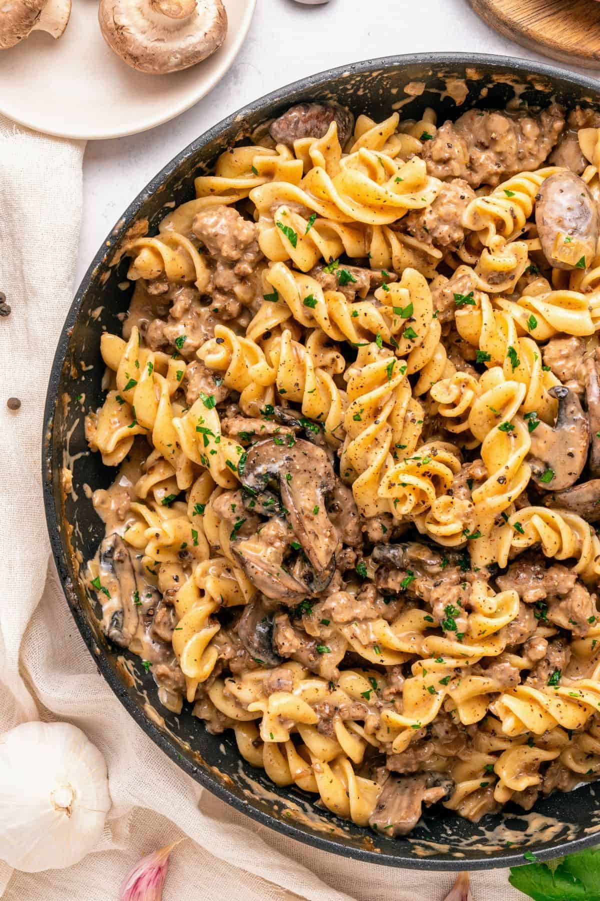 Beef stroganoff with ground meat served as a creamy, comforting dinner