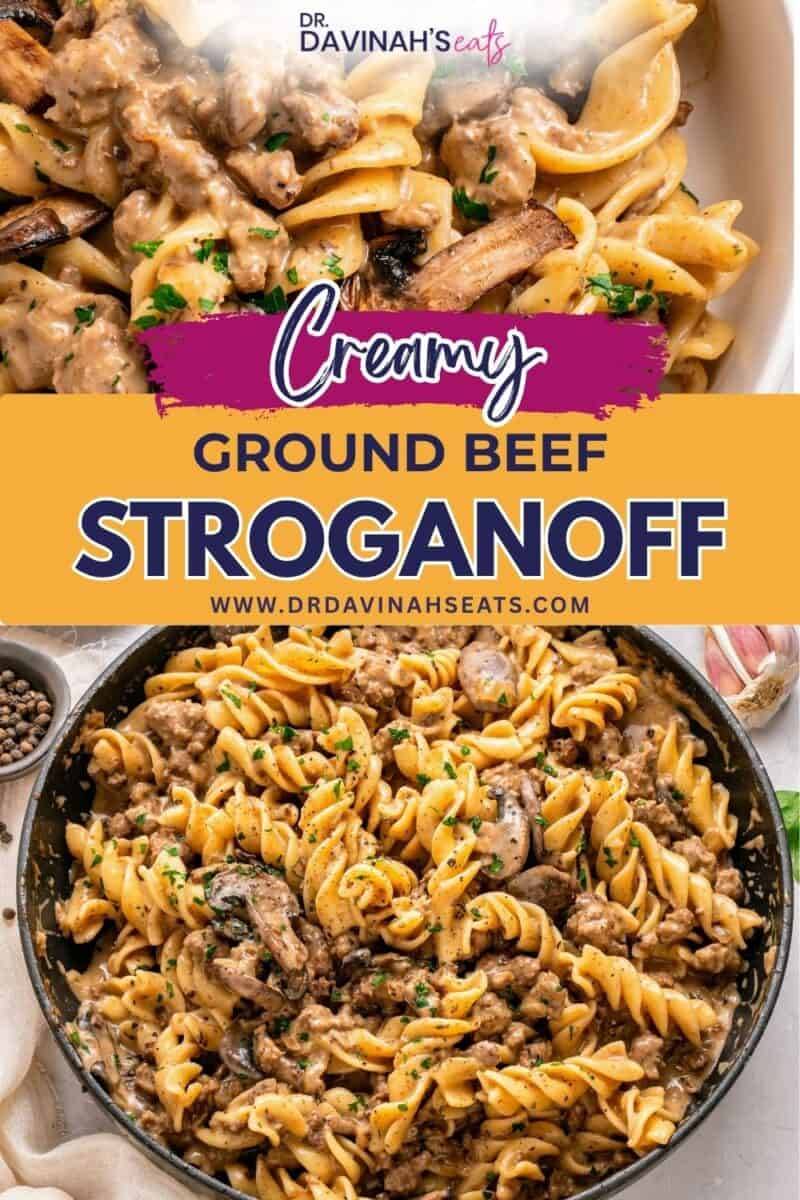 Hamburger stroganoff with wide egg noodles coated in creamy sour cream sauce