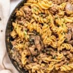Easy ground beef stroganoff made from scratch with beef, mushrooms, and egg noodles