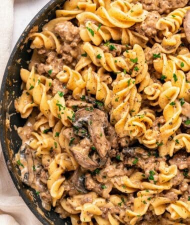 Easy ground beef stroganoff made from scratch with beef, mushrooms, and egg noodles