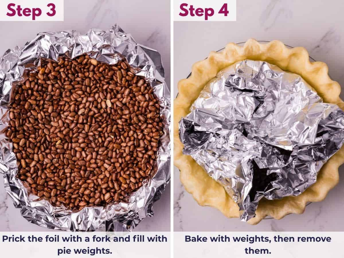 Pricking the foil with a fork, filling the cream cheese pie crust with pie weights or dried beans, and baking before removing the weights and foil.