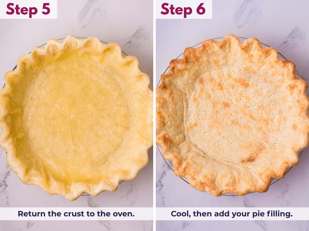 Returning the cream cheese pie crust to the oven to finish baking, then cooling it completely before adding the pie filling.