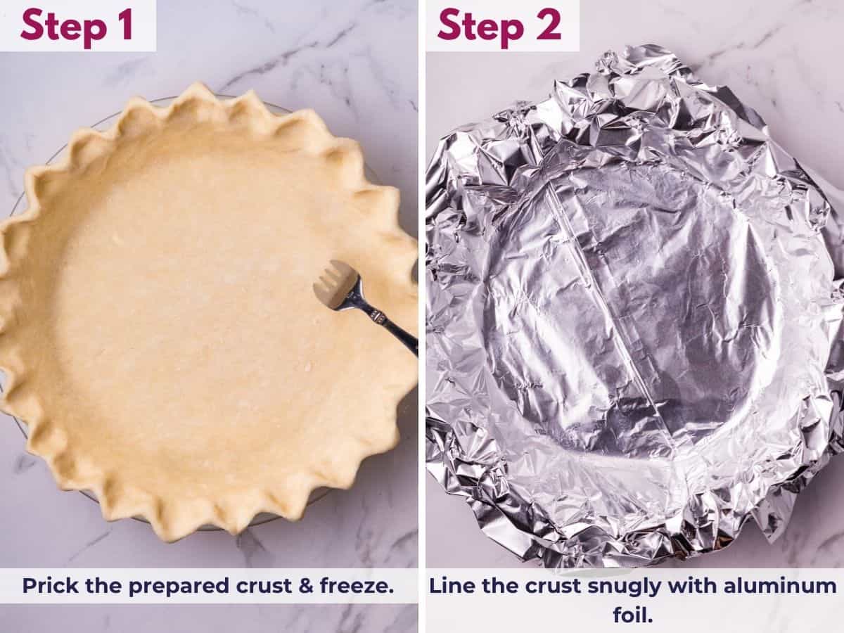 Pricking the prepared cream cheese pie crust with a fork, freezing it, and lining the chilled crust snugly with aluminum foil before blind baking.