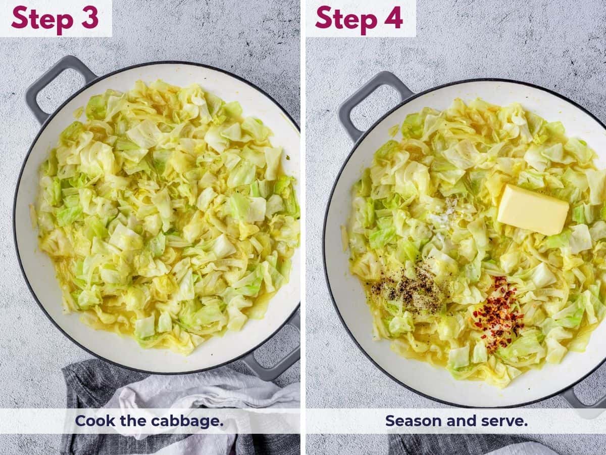 Cooking the cabbage until it reaches the desired tenderness, then seasoning to taste and serving the warm, buttery Southern cabbage.