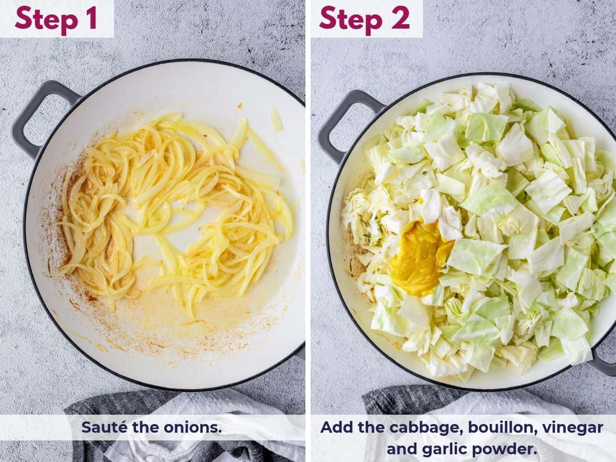 Sautéing the onions until softened, then adding the chopped cabbage, bouillon, apple cider vinegar, and garlic powder to make Southern braised cabbage.