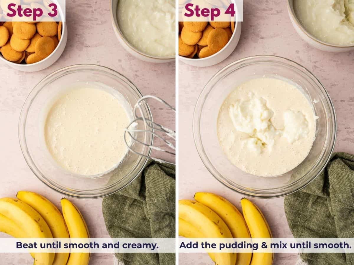 Beating the cream cheese mixture until smooth and creamy, then adding the pudding and mixing until fully combined for homemade banana pudding.