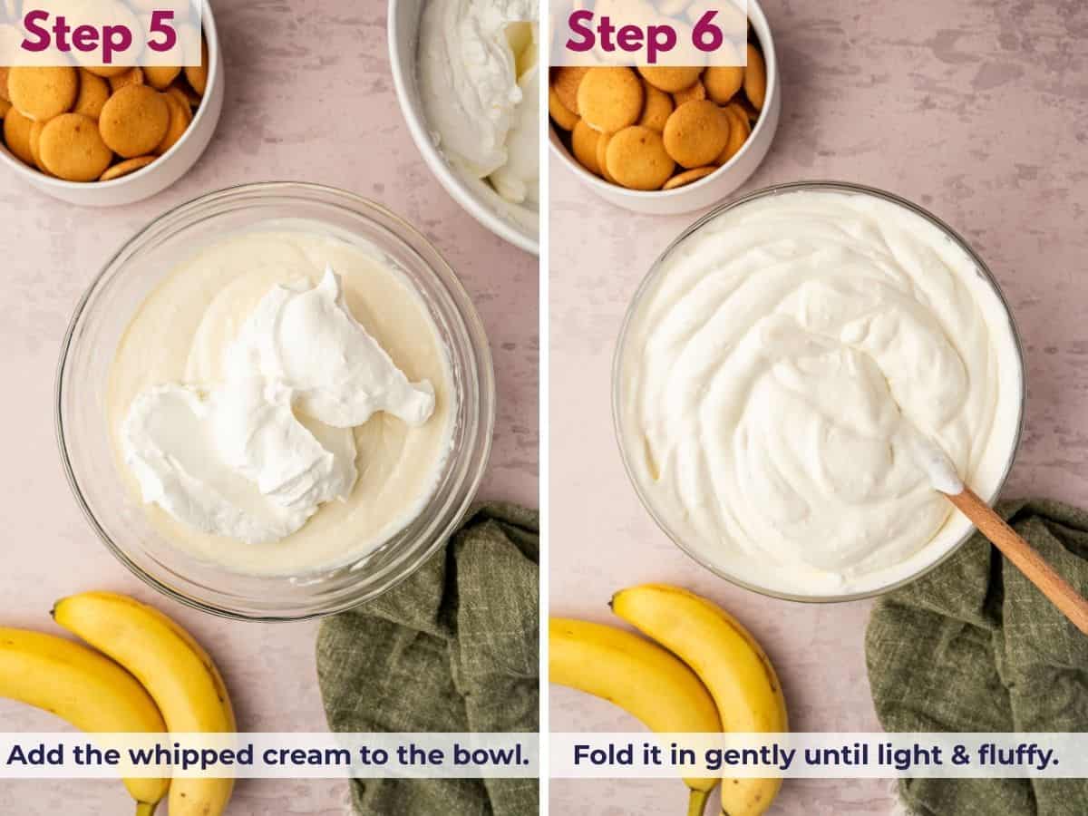 Adding whipped cream to the banana pudding mixture and gently folding it in until light, fluffy, and creamy.