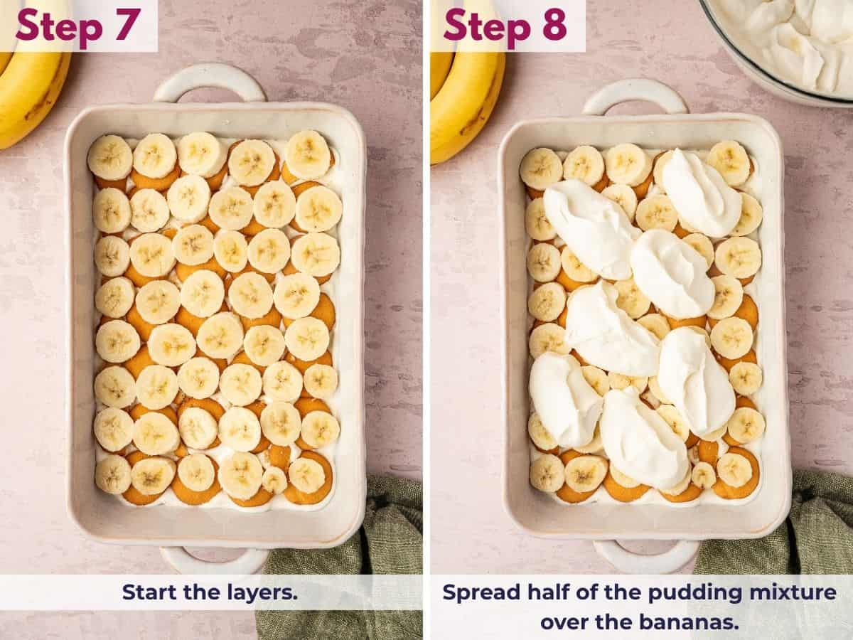 Spreading half of the creamy pudding mixture over a layer of sliced bananas and vanilla wafers to assemble homemade banana pudding.