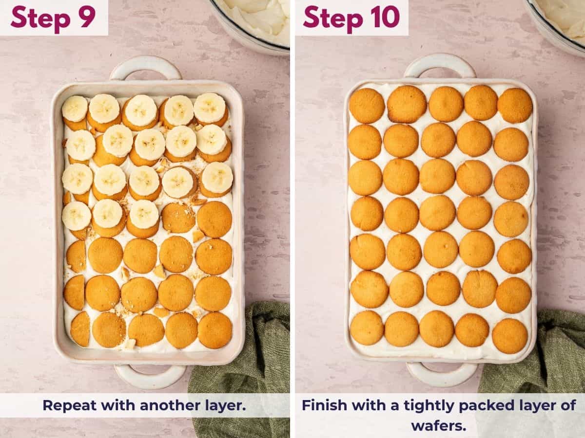 Layering the remaining vanilla wafers, sliced bananas, and pudding mixture, then finishing the homemade banana pudding with a tightly packed layer of wafers.