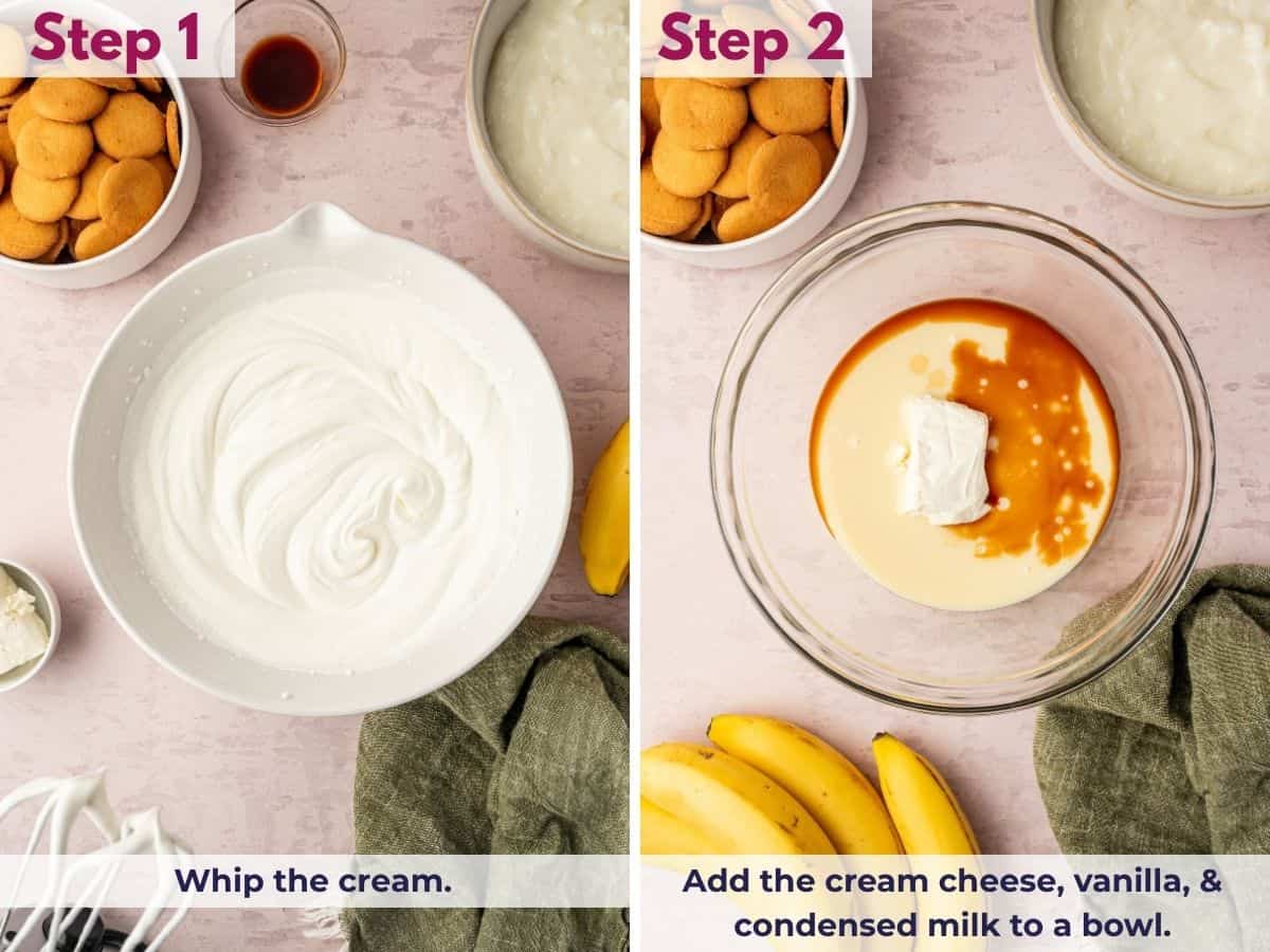 Whipping heavy cream until stiff peaks form, then combining cream cheese, vanilla extract, and sweetened condensed milk in a bowl for homemade banana pudding.