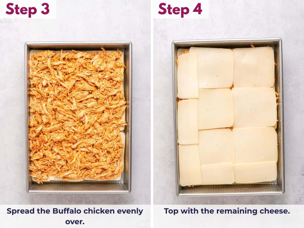 Spread the Buffalo chicken evenly over the cheese, then top with the remaining cheese.