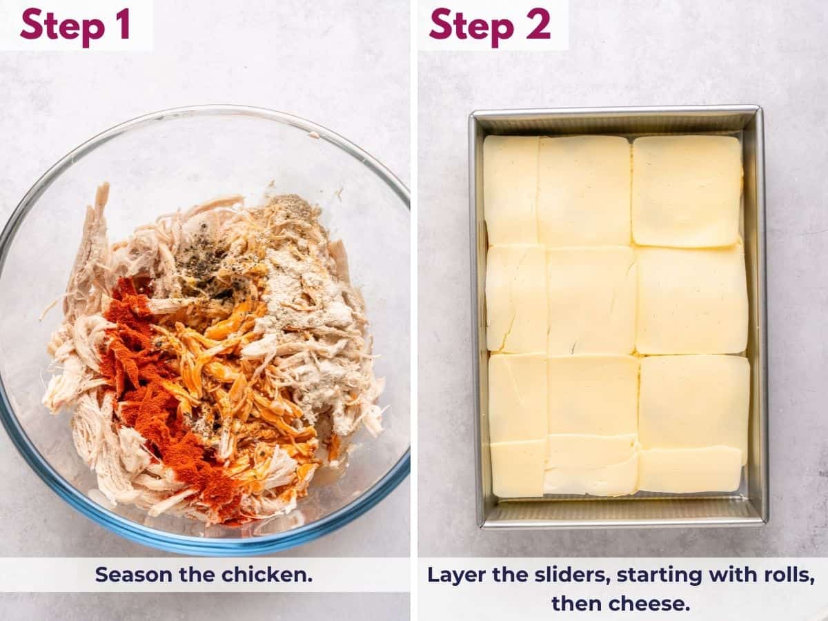 Season the chicken, then layer the sliders with the bottom rolls and cheese.