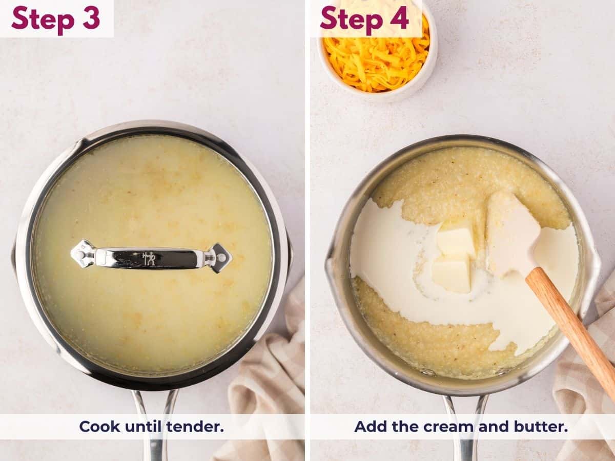 Cooking the grits until tender and creamy, then stirring in heavy cream and butter for a rich, smooth texture.