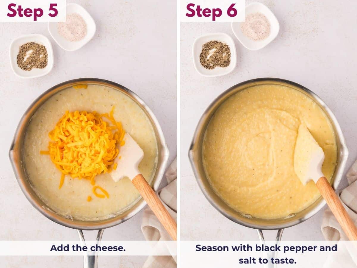 Stirring freshly shredded cheddar cheese into the creamy grits until melted and smooth, then seasoning with salt and black pepper to taste.