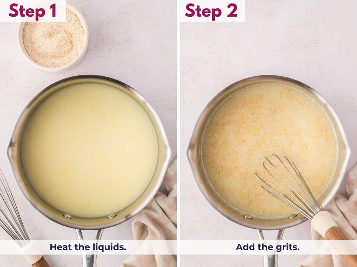 Heating chicken broth and whole milk in a saucepan until gently simmering, then adding the stone-ground grits to begin making creamy Southern cheese grits.