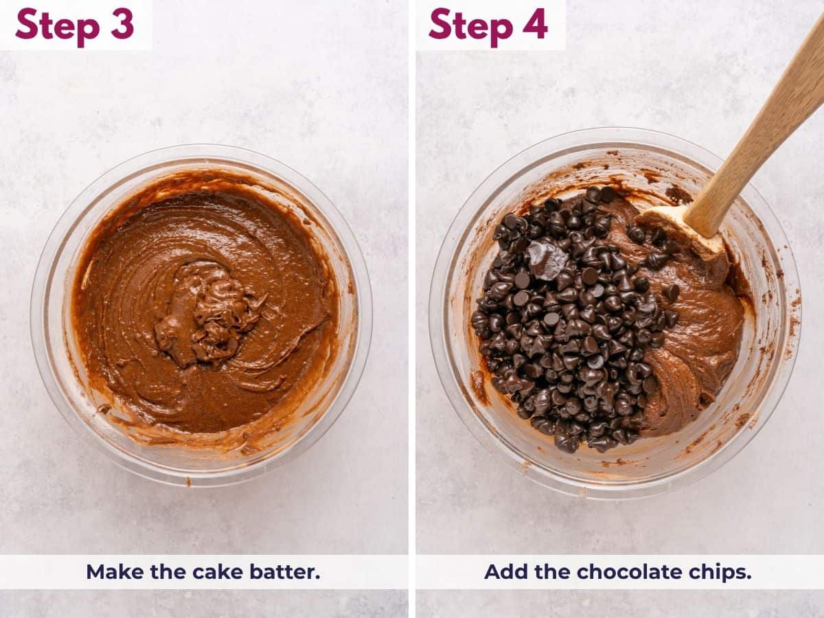 Mix the cake batter until combined, then fold in the chocolate chips.