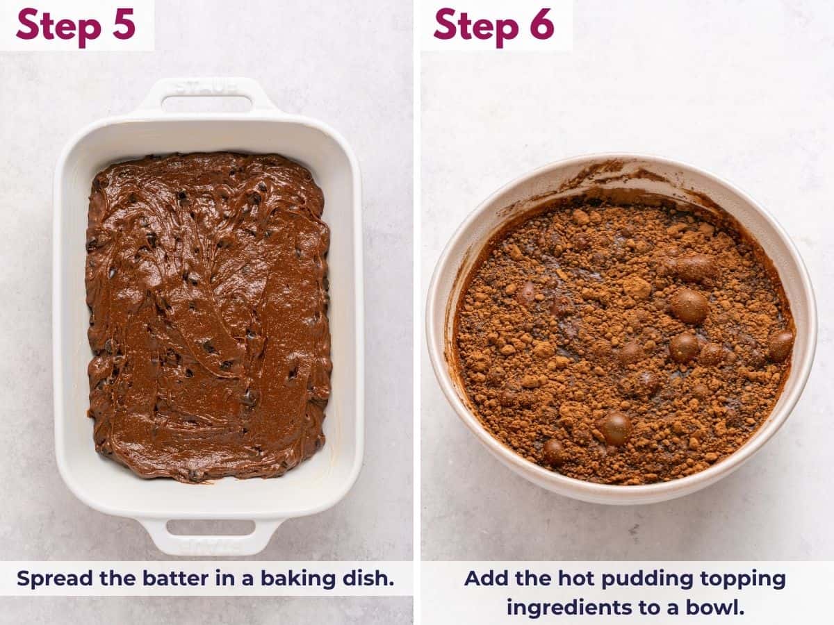 Spread the chocolate batter evenly in a baking dish, then combine the hot pudding topping ingredients in a bowl.