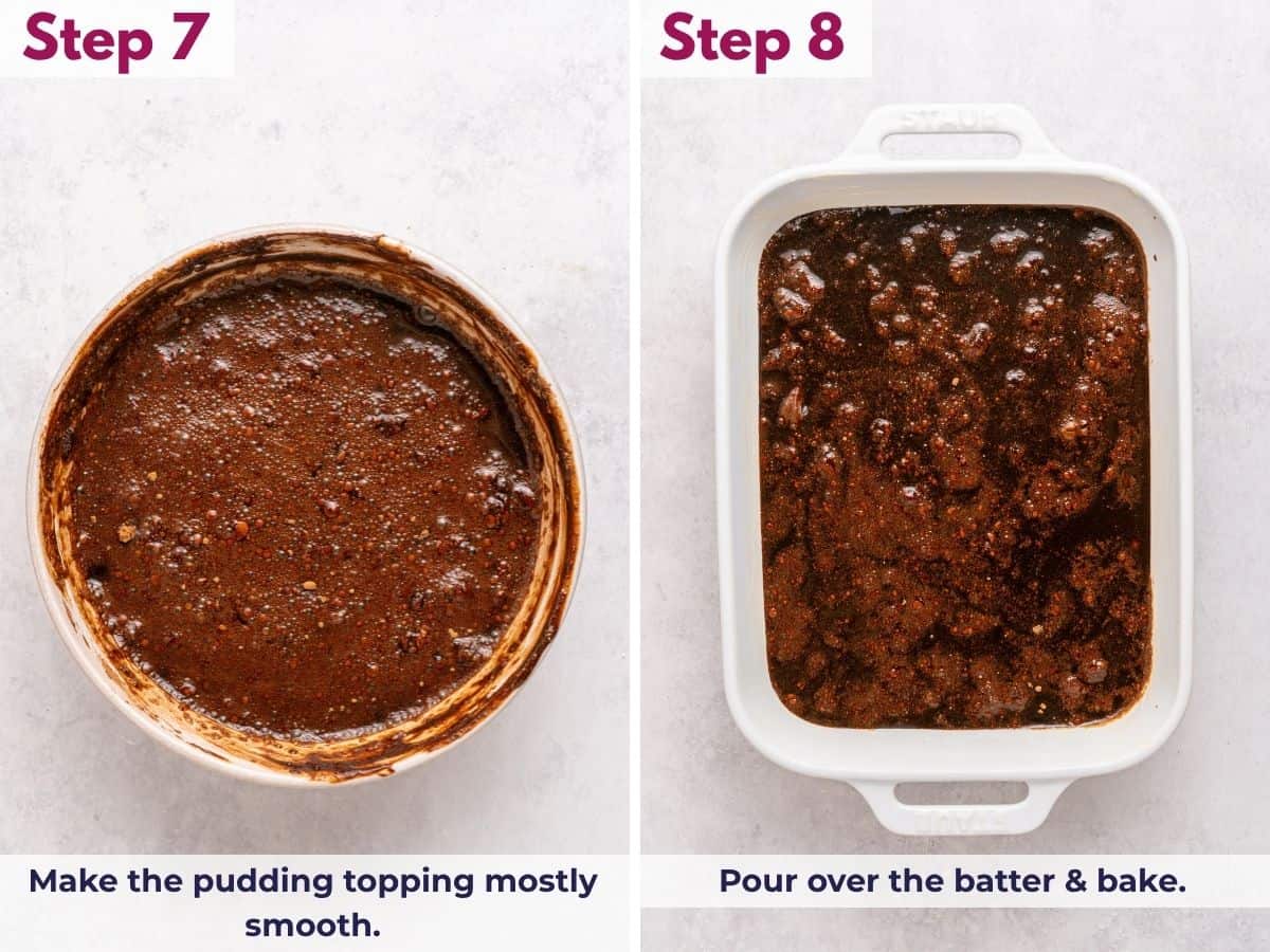 Pour the pudding topping over the batter, smooth it gently, and bake until the cake is set.
