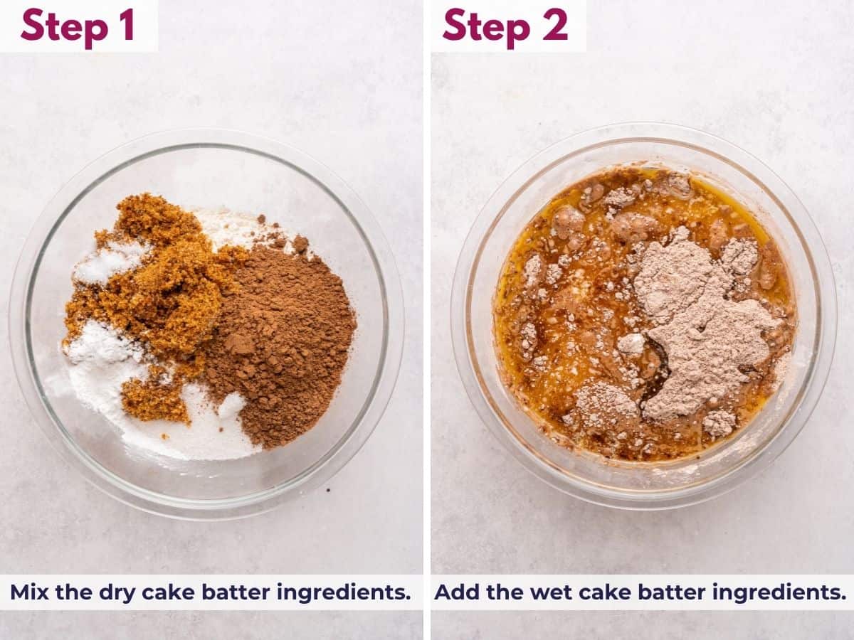 Mix the dry cake batter ingredients, then add the wet ingredients and stir to combine.