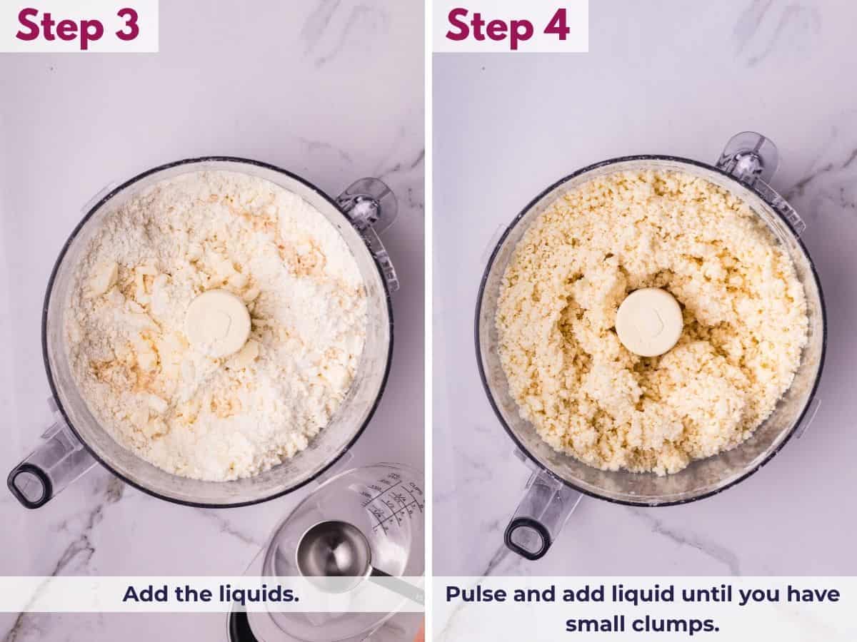 Adding the liquid to the cream cheese pie crust mixture and pulsing until small, moist clumps of dough form.