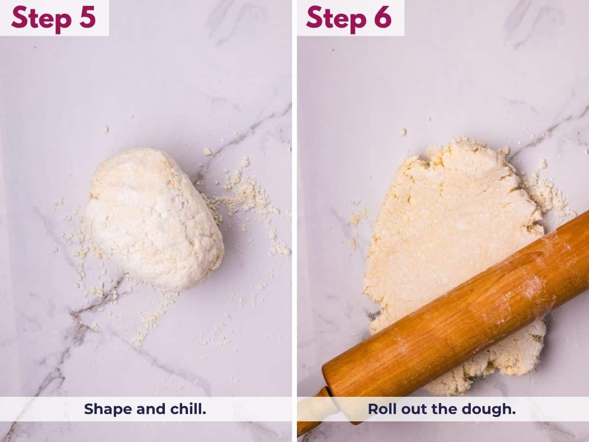 Shaping the cream cheese pie crust dough into a disk and chilling it, then rolling it out on a lightly floured surface.