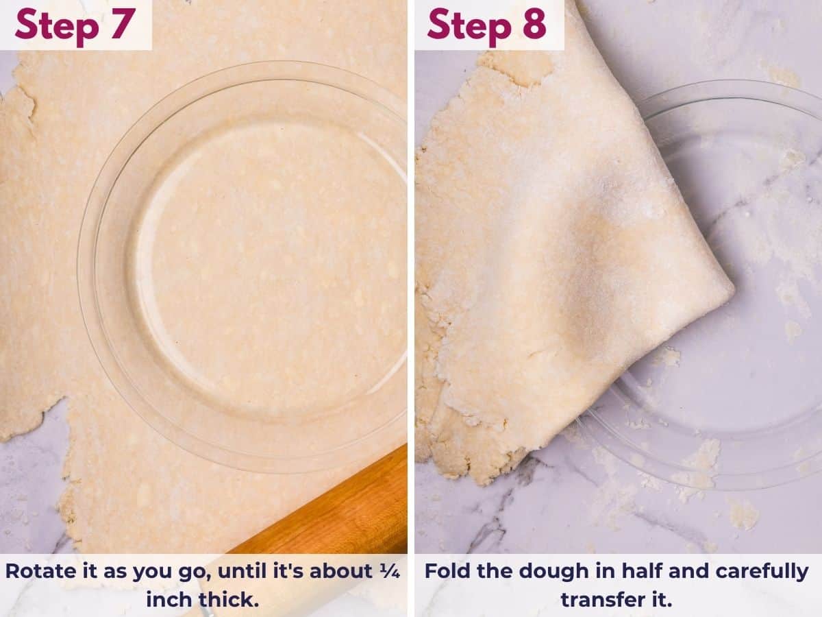 Rotating the cream cheese pie crust dough as you roll it to about ¼ inch thick, then folding it in half to transfer it carefully to the pie dish.
