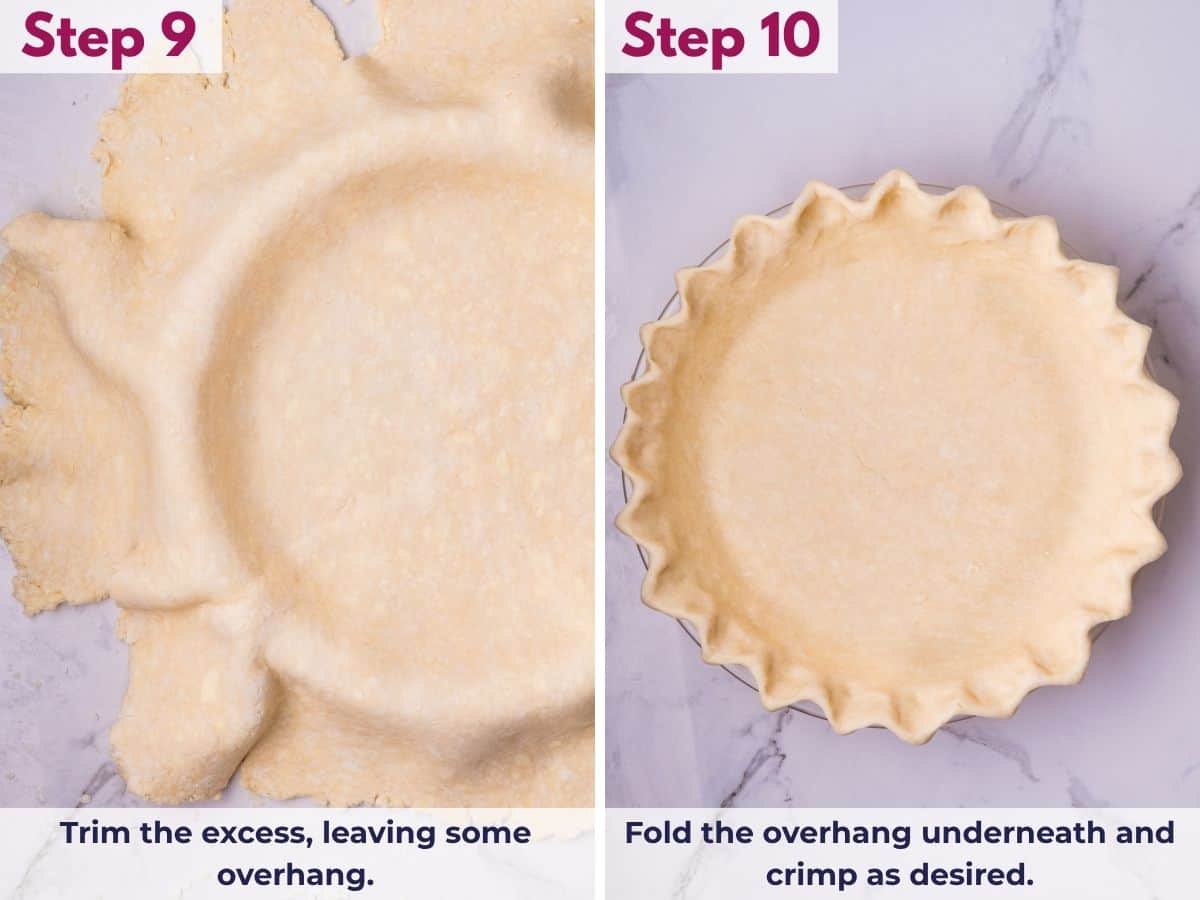 Trimming the excess cream cheese pie crust dough, folding the overhang underneath the edge, and crimping the crust for a neat finish.
