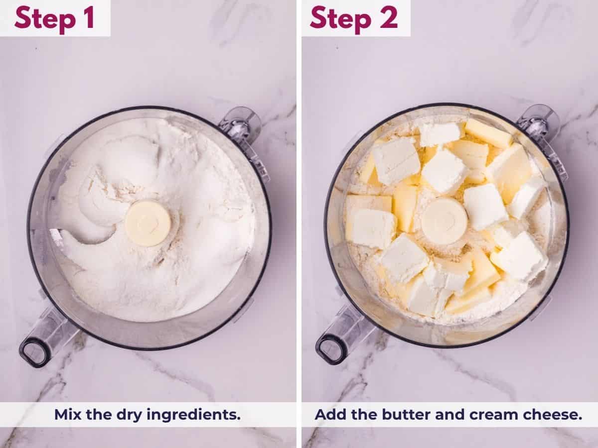 Mixing the dry ingredients in a bowl, then adding cold butter and cream cheese to prepare the flaky cream cheese pie crust dough.