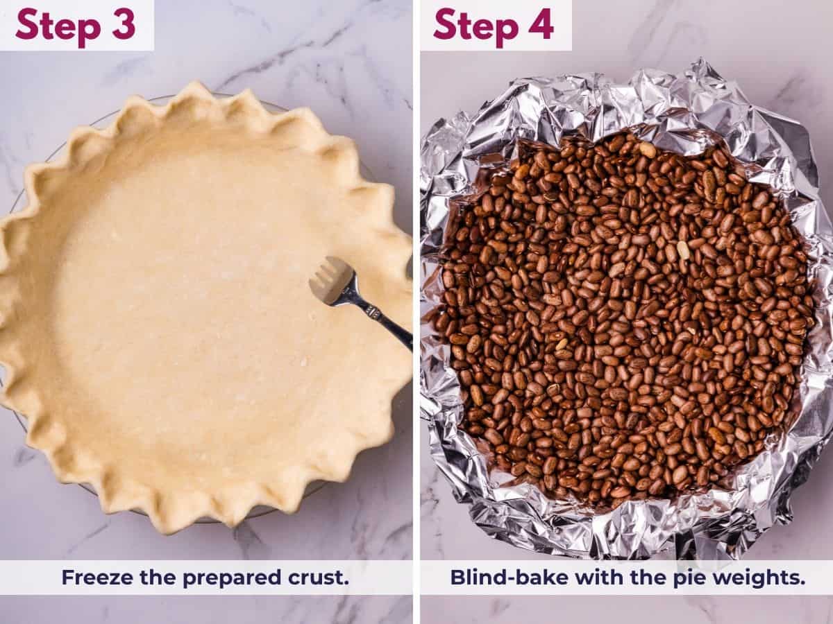 Freezing the prepared pie crust, then blind-baking it with pie weights to help prevent the crust from shrinking.